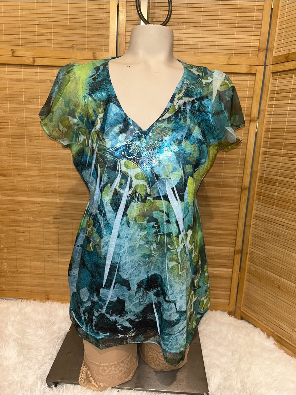 Live and Let Live green blue butterfly Fairy Grunge Flowy Top v-neck shirt y2k S